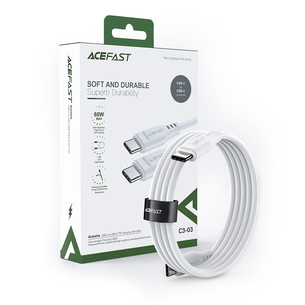 Câble de Données et de Charge USB-C - USB-C Acefast C3-03, 60W, 1.2m, Blanc