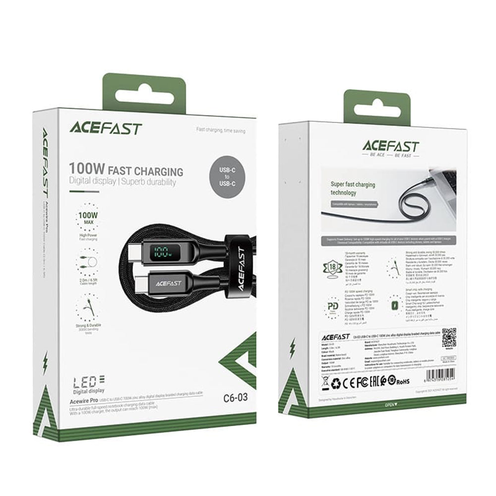 Câble de Données et de Charge USB-C - USB-C Acefast C6-03 Display, 100W, 2m, Noir