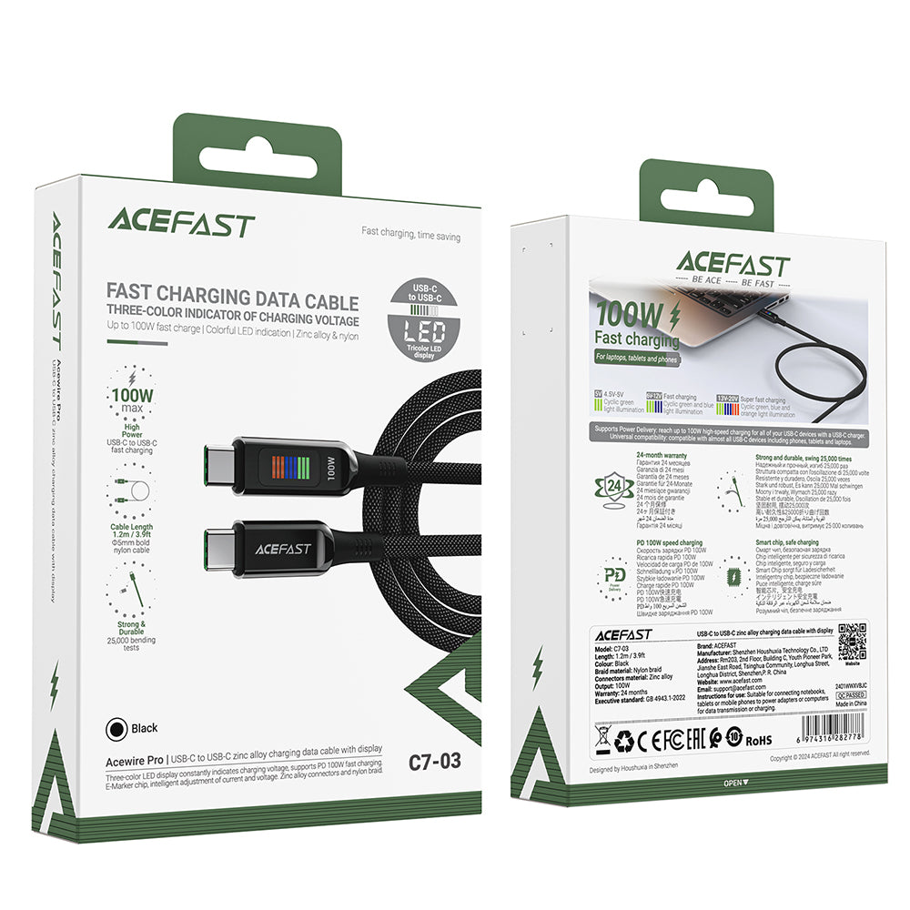 Cavo Dati e Ricarica USB-C - USB-C Acefast C7-03, 100W, 1.2m, Nero
