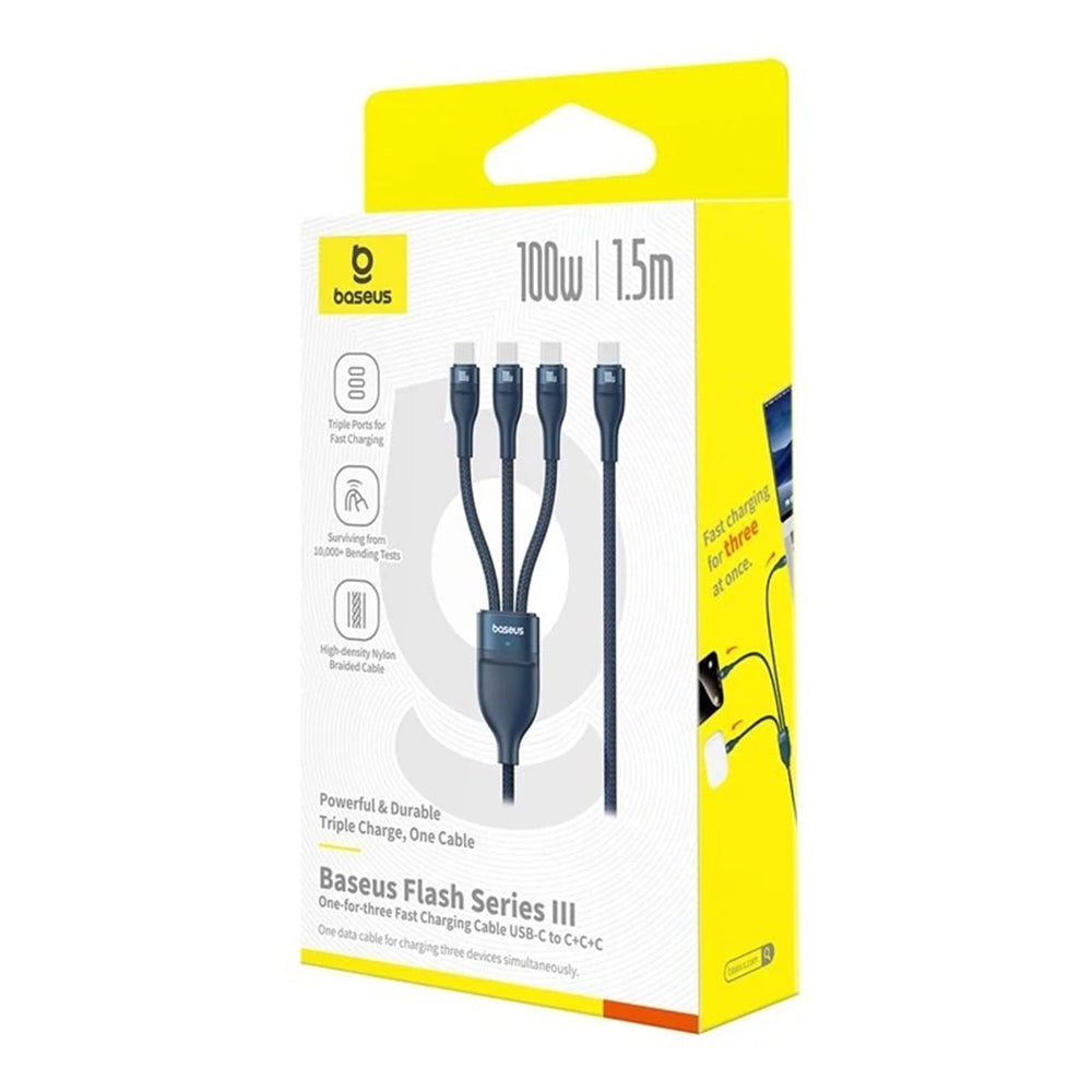 USB-C Ladekabel - 3 x USB-C Baseus Flash Series III 3in1, 100W, 1,5m, Blau P10377503321-00