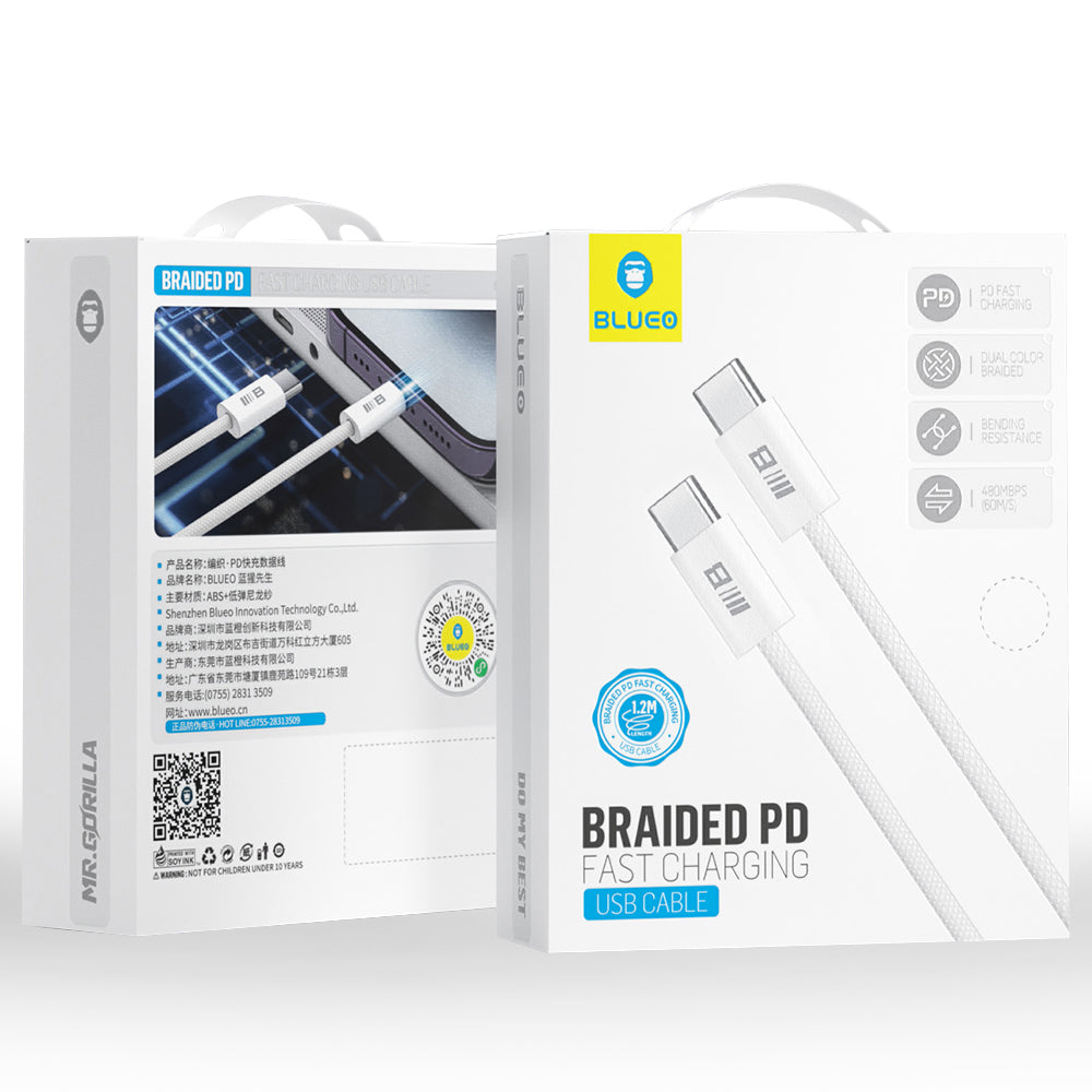 Câble de Données et de Charge USB-C - USB-C Blueo, 100W, 1.2m, Blanc