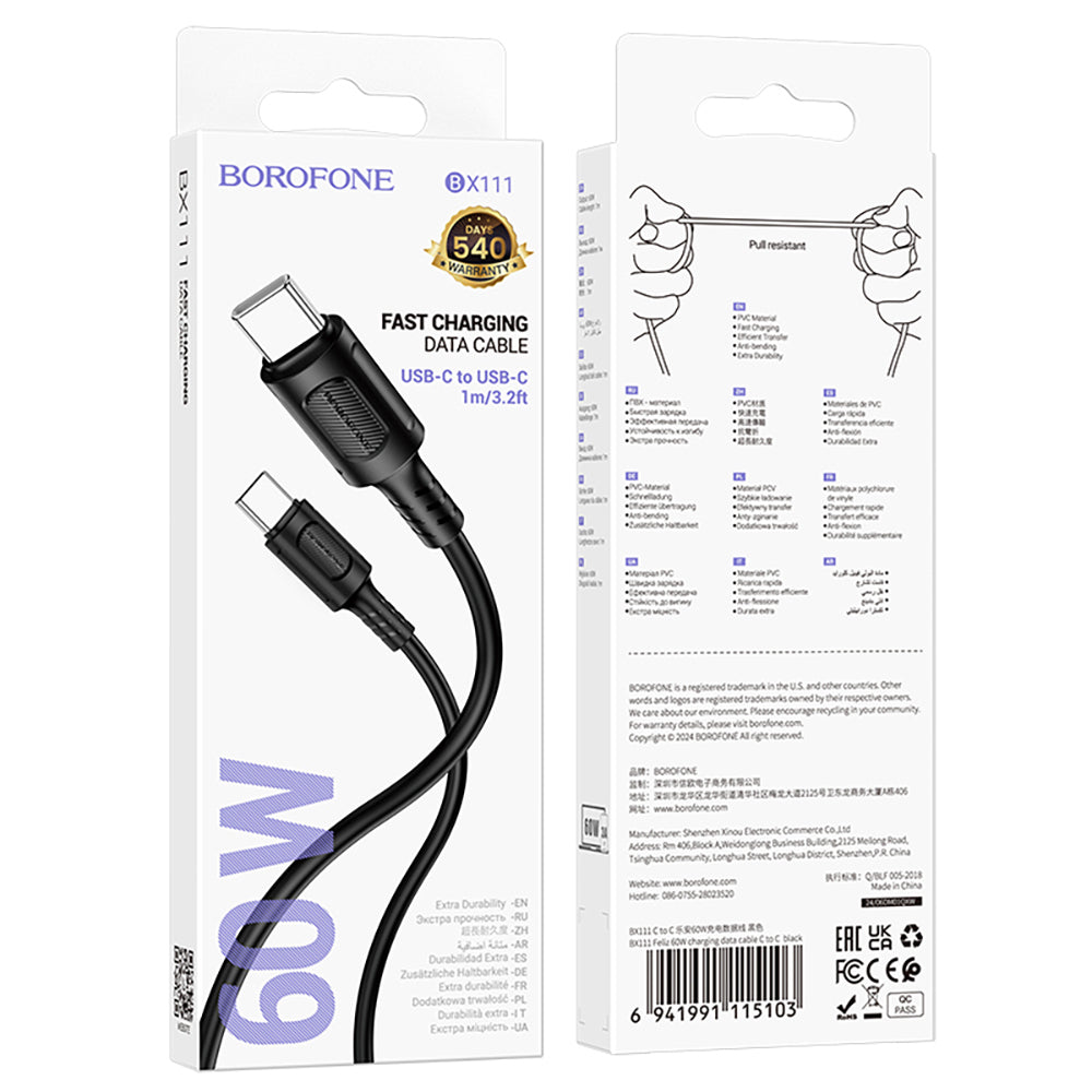 Cavo Dati e Ricarica USB-C - USB-C Borofone BX111 Feliz, 60W, 1m, Nero