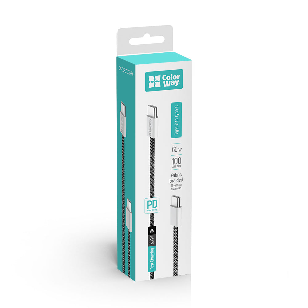 Câble de Données et de Charge USB-C - USB-C ColorWay CW-CBPDCC061, 60W, 1m, Noir