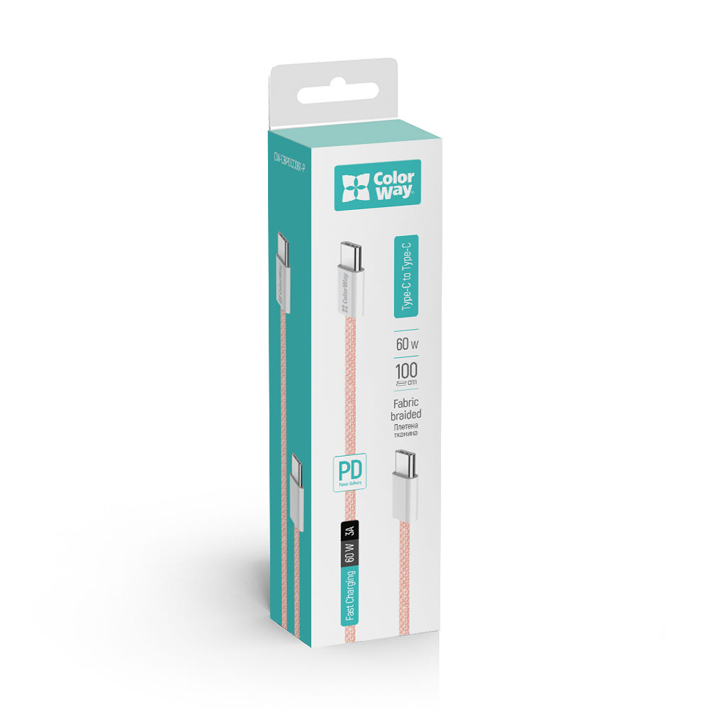 Câble de Données et de Charge USB-C - USB-C ColorWay CW-CBPDCC061, 60W, 1m, Rose
