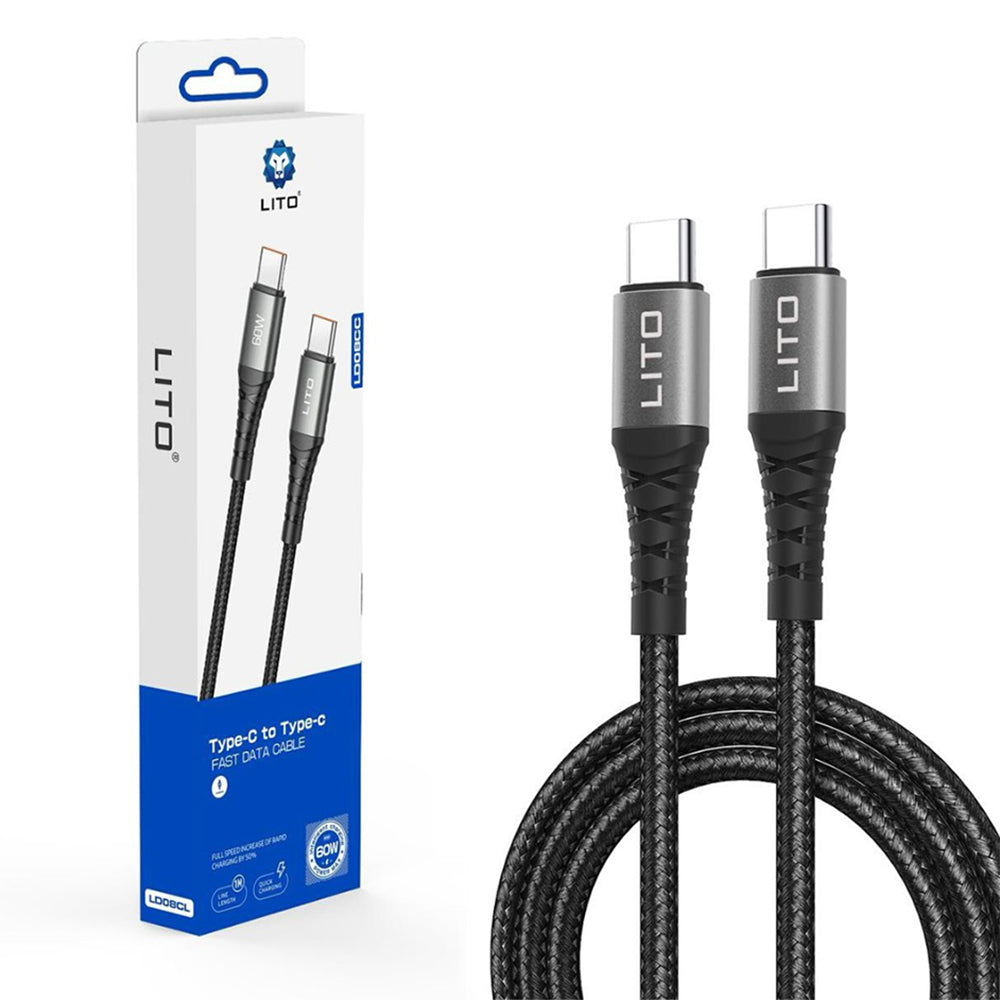 Câble de Données et de Charge USB-C - USB-C Lito LD08CC, 60W, 1m, Noir