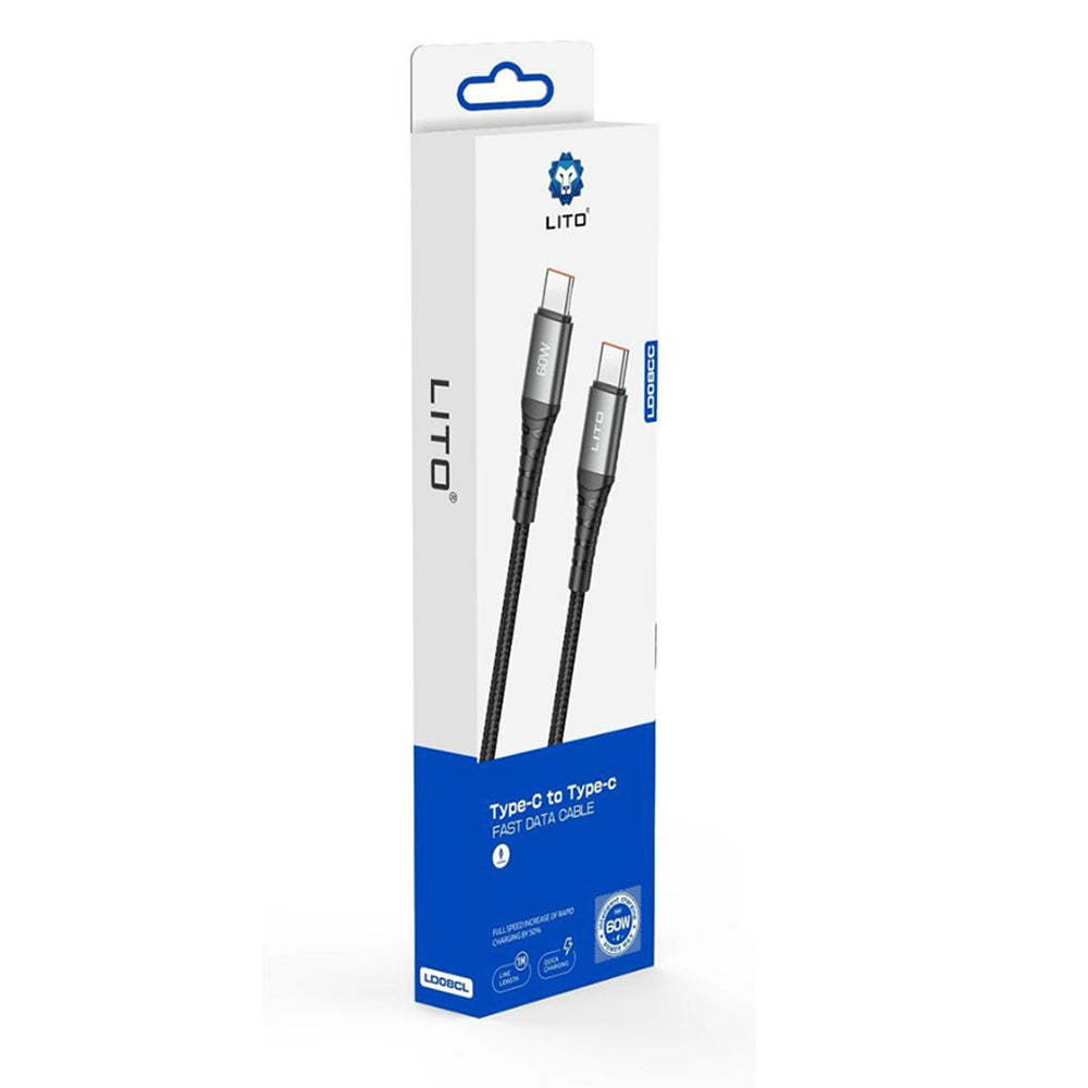 Câble de Données et de Charge USB-C - USB-C Lito LD22CC, 60W, 2m, Noir