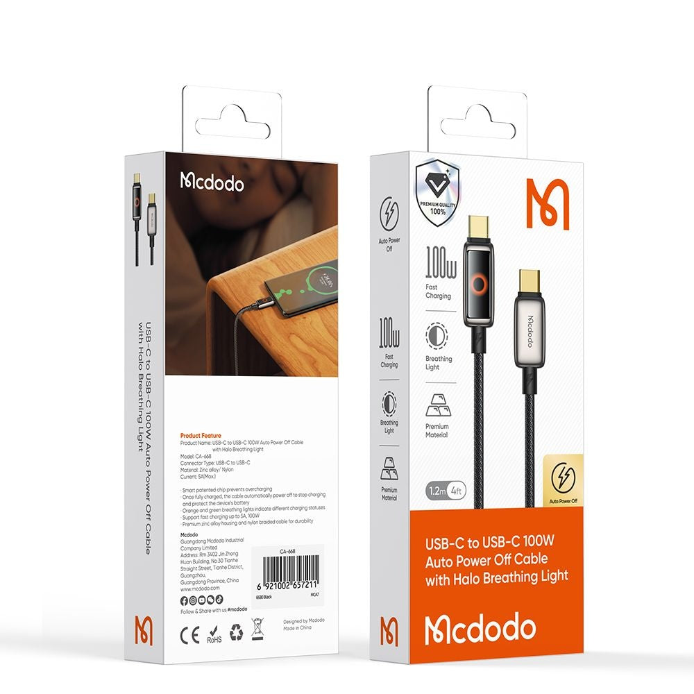 Daten- und Ladekabel USB-C - USB-C McDodo CA-6680 Auto Power Off, 100W, 1.2m, Schwarz