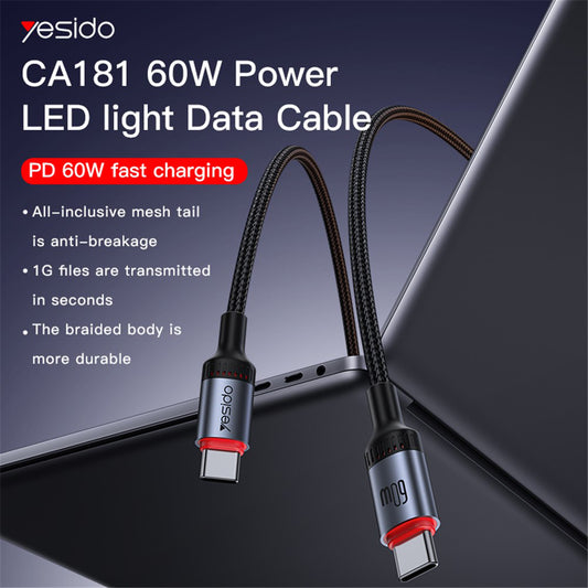 USB-C Daten- und Ladekabel - USB-C Yesido CA181, 60W, 1.2m, Schwarz