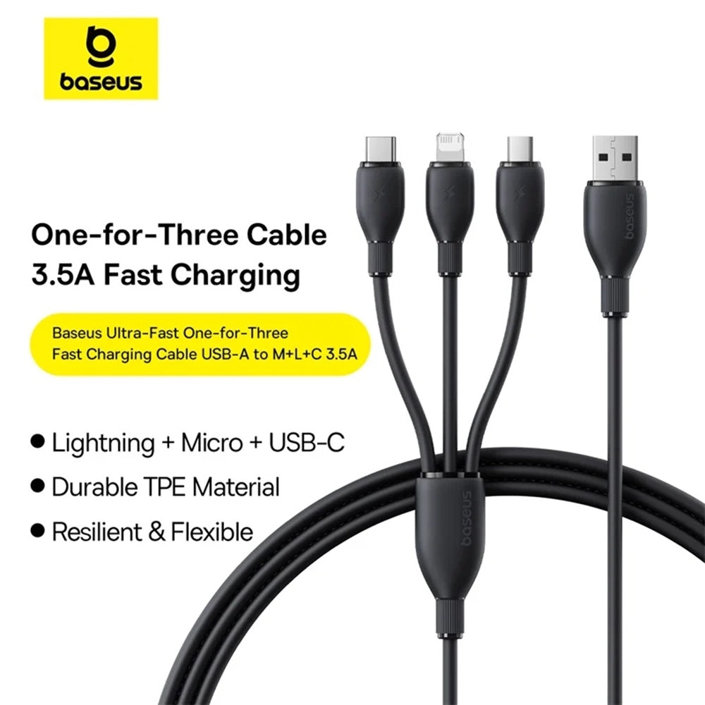 Cavo di Ricarica USB-A - Lightning / microUSB / USB-C Baseus Ultra Fast 3in1, 18W, 1.3m, Nero P10376303121-00