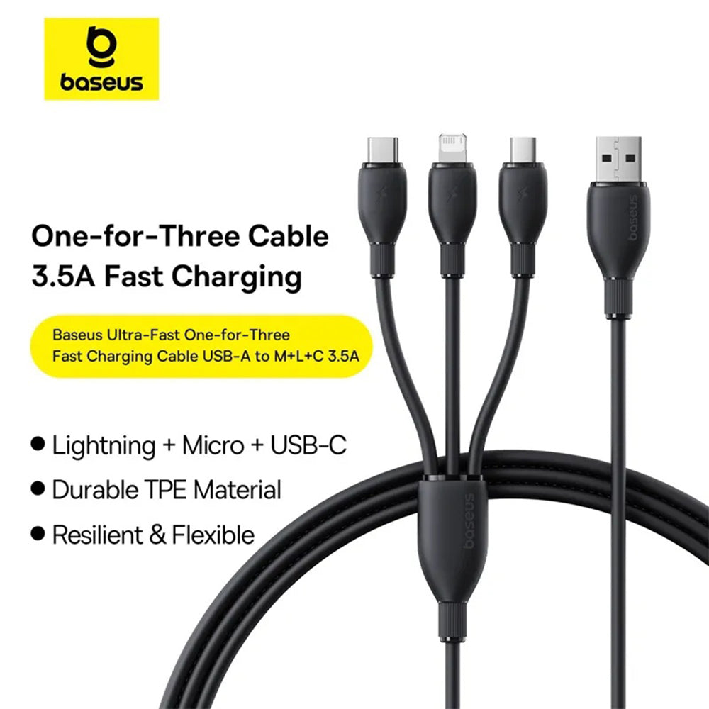 Câble de charge USB-A - Lightning / microUSB / USB-C Baseus Ultra Fast 3en1, 18W, 0,8m, Noir P10377501111-00