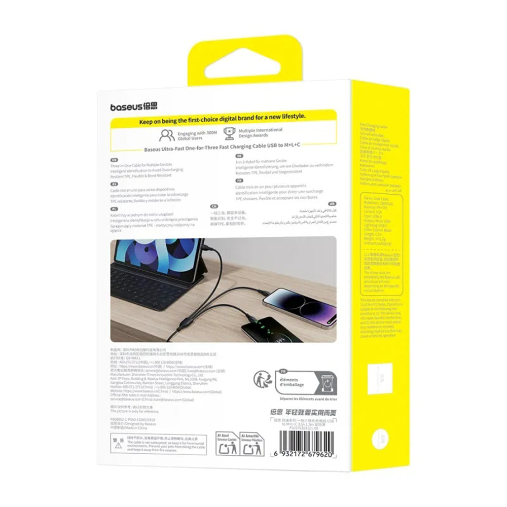 Câble de charge USB-A - Lightning / microUSB / USB-C Baseus Ultra Fast 3en1, 18W, 0,8m, Noir P10377501111-00