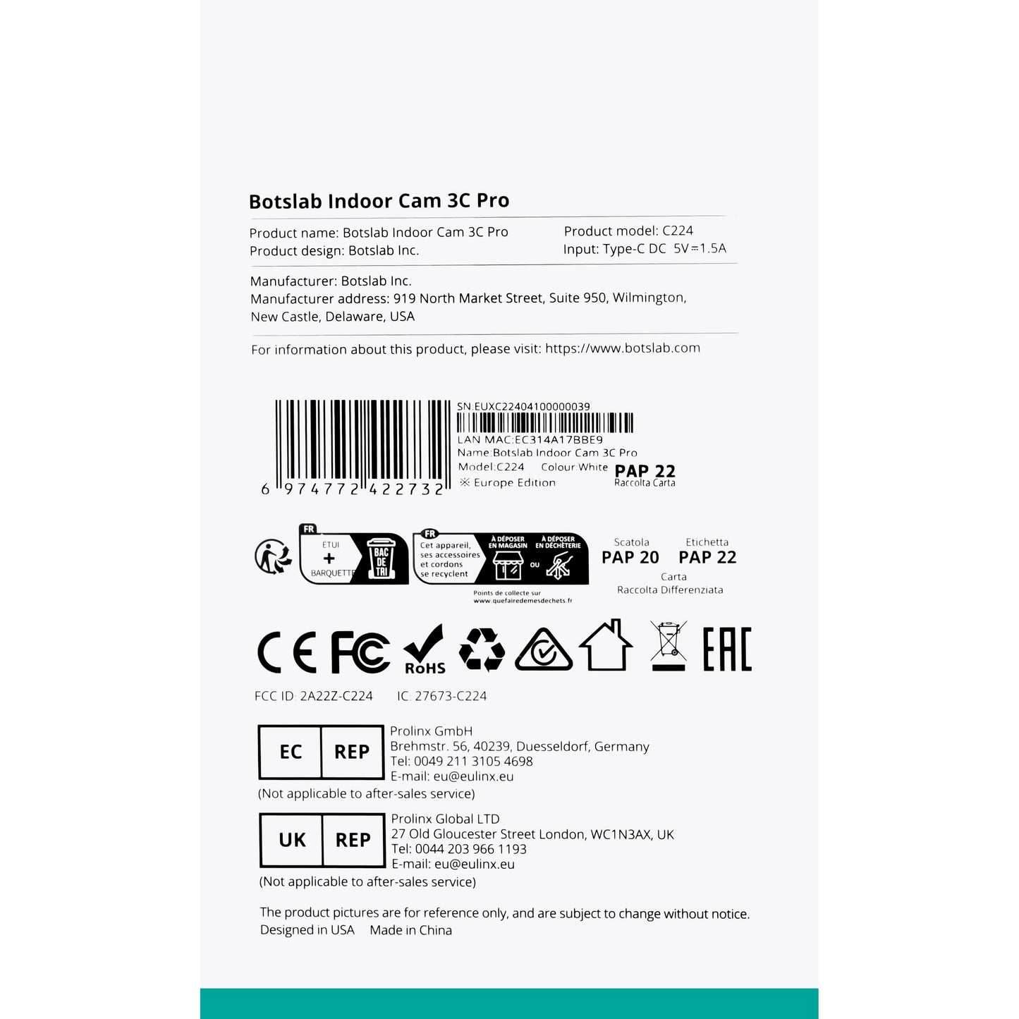 Telecamera di sorveglianza Botslab 3C Pro C224, Wi-Fi, 4K, per interni