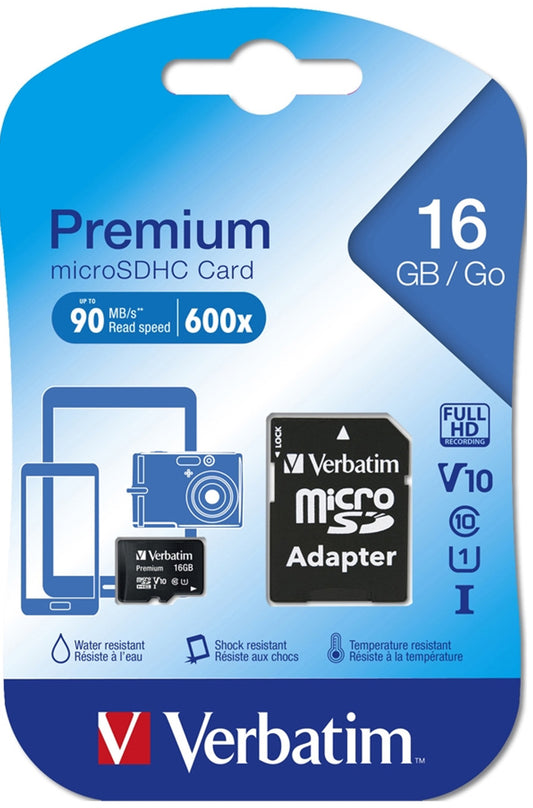Scheda di memoria microSDHC Verbatim, 16Gb, Classe 10 / UHS-1 U1, Con Adattatore