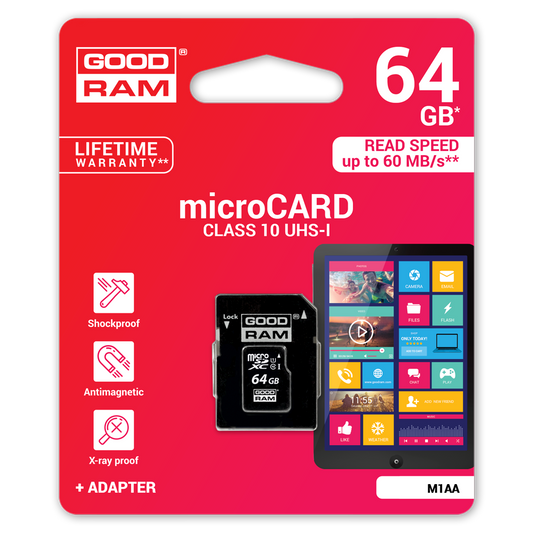 Carte Mémoire microSDXC GoodRam, 64Gb, Classe 10 / UHS-1 U1, Avec Adaptateur M1AA-0640R12