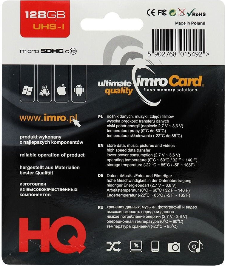 Carte mémoire microSDXC Imro, 128Go, Classe 10 / UHS-1 U1, avec adaptateur