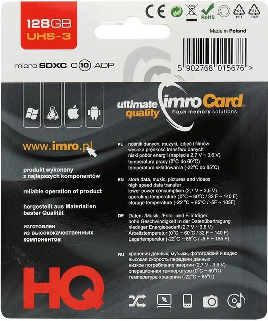 Speicherkarte microSDXC Imro, 128Gb, Klasse 10 / UHS-1 U3, mit Adapter