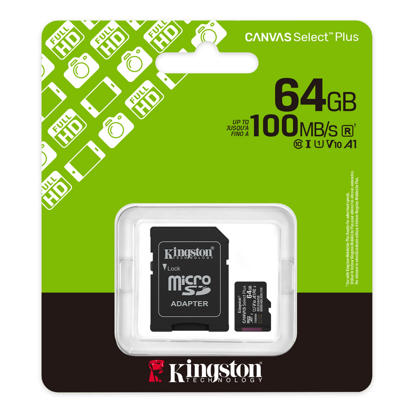 Scheda di Memoria microSDXC Kingston Canvas Select Plus Android A1, 64Gb, Classe 10 / UHS-1 U1, Con Adattatore SDCS3/64GB