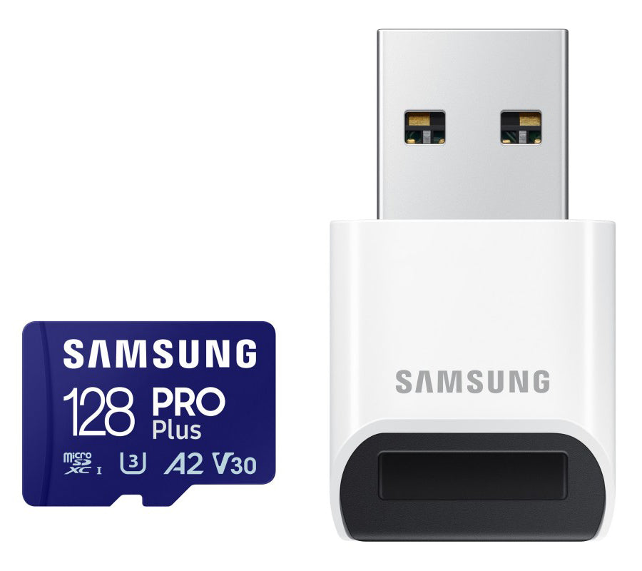 Scheda di memoria microSDXC Samsung PRO Plus, 128Gb, Classe 10 / UHS-1 U3, con Lettore di Schede MB-MD128SB/WW