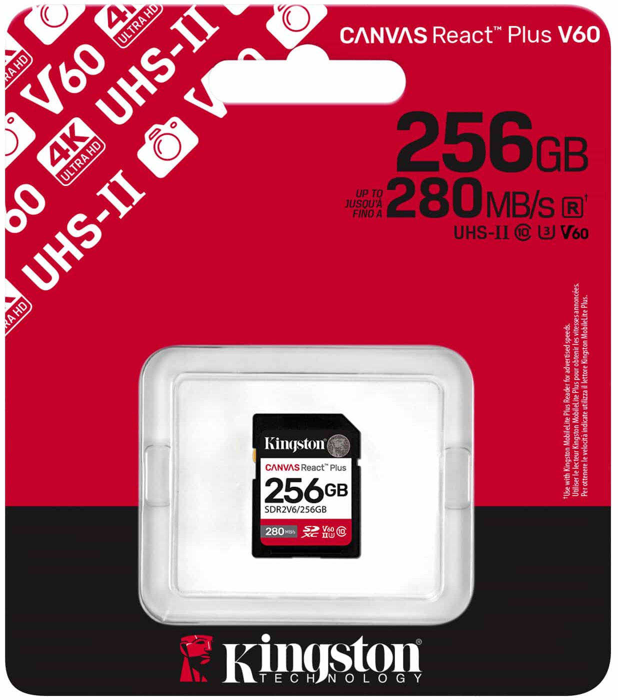 Scheda di Memoria SDXC Kingston Canvas React Plus, 256Gb, Classe 10 / UHS-2 U3 SDR2V6/256GB