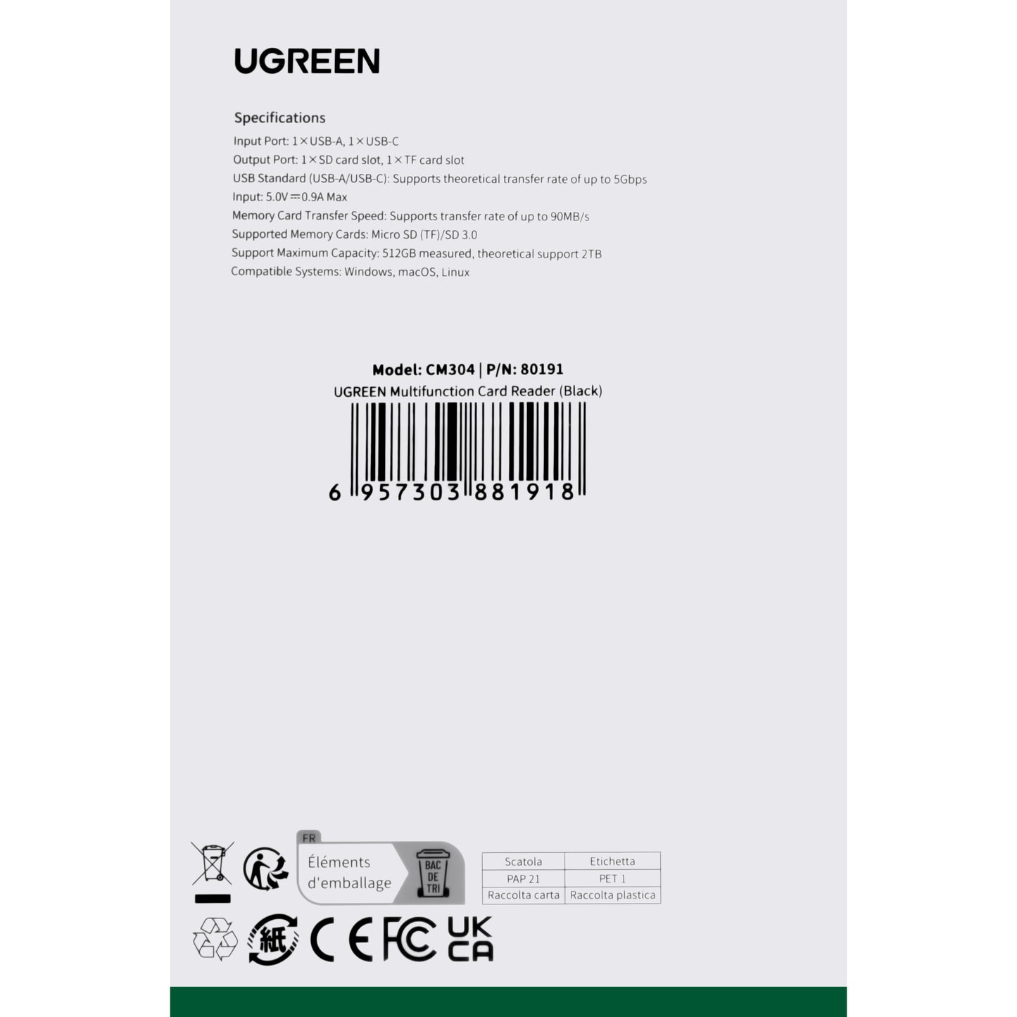 USB / USB-C Kartenleser UGREEN CM304, SD - microSD, Schwarz