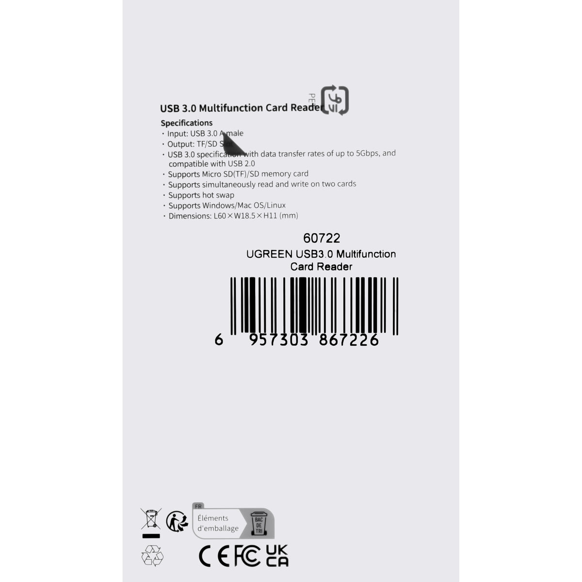 Lecteur de carte USB 3.0 UGREEN CM264, SD - microSD, Noir
