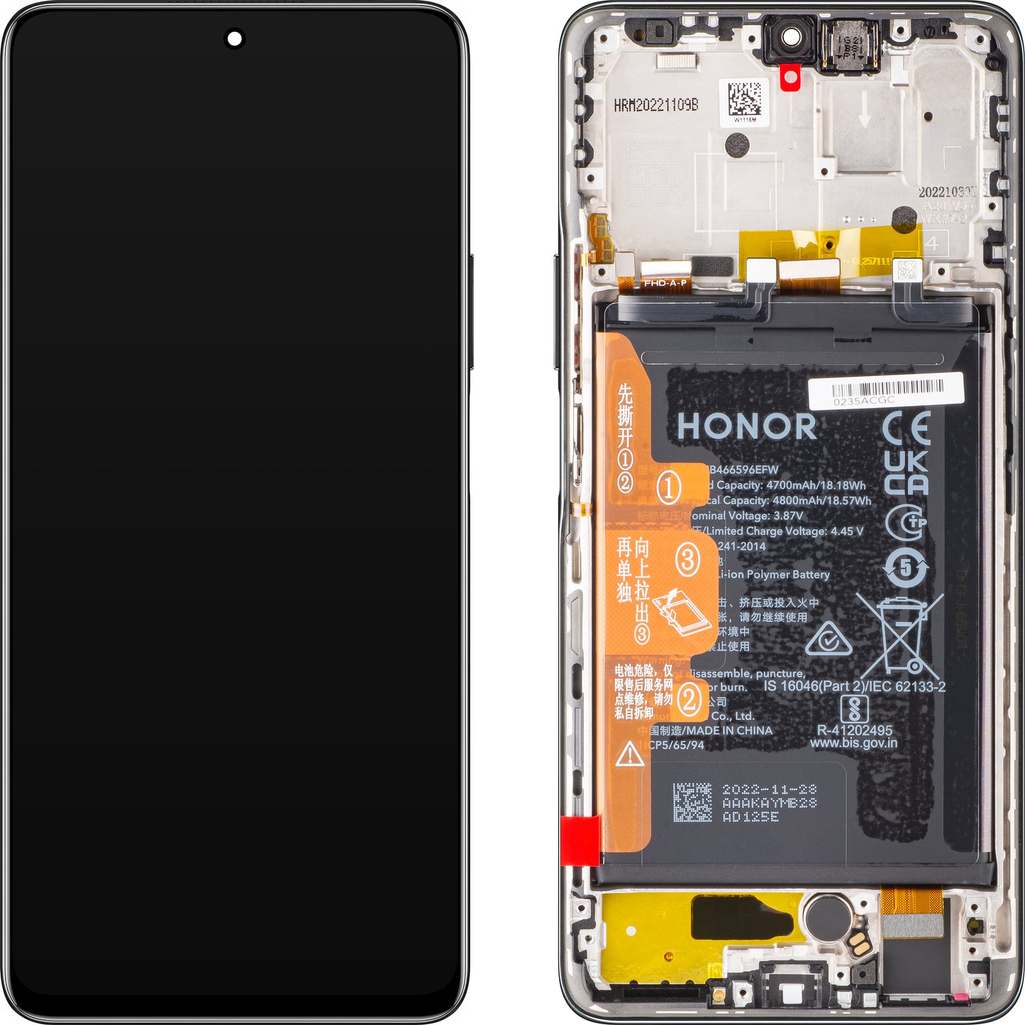 Display with Touchscreen Honor Magic4 Lite, with Frame and Battery, Midnight Black, Service Pack 0235ABSK