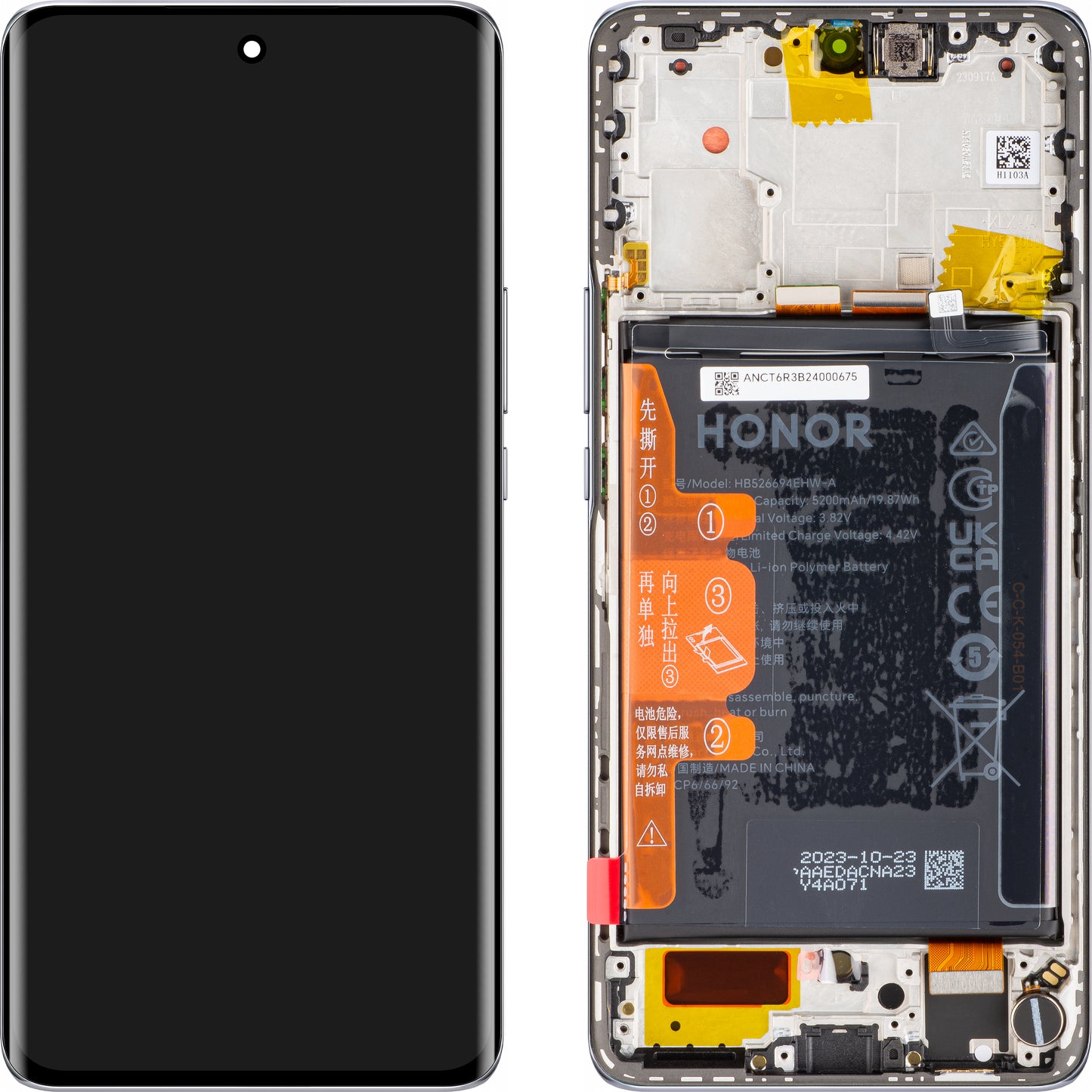 Display touchscreen Touchscreen Honor Magic6 Lite, con cornice e batteria, argento titanio, Service Pack 0235AHHR