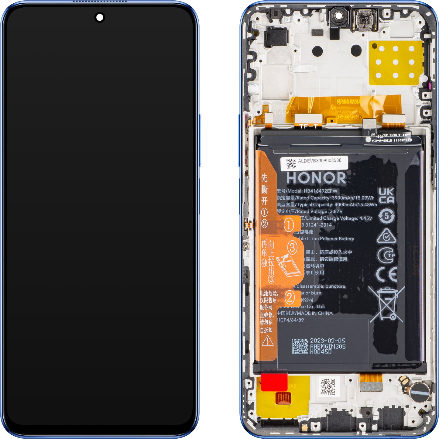 Display / Touchscreen für Honor X8 4G | mit Rahmen & Akku | Blau | Service Pack