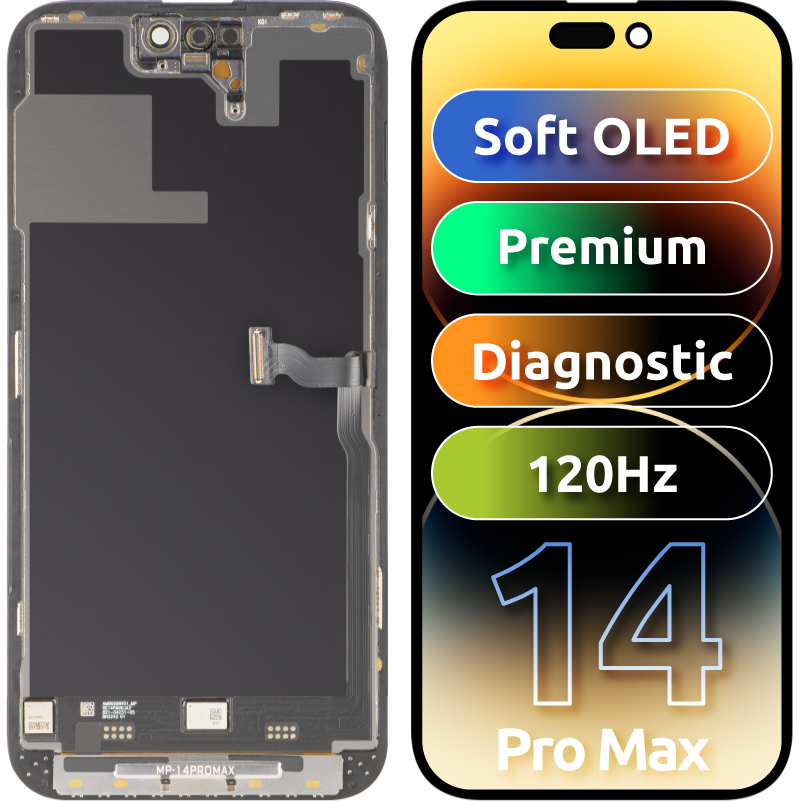 MP Touchscreen-Display kompatibel mit Apple iPhone 14 Pro Max, mit Rahmen, Premium Soft OLED FHD 120Hz Diagnostic Version, Schwarz