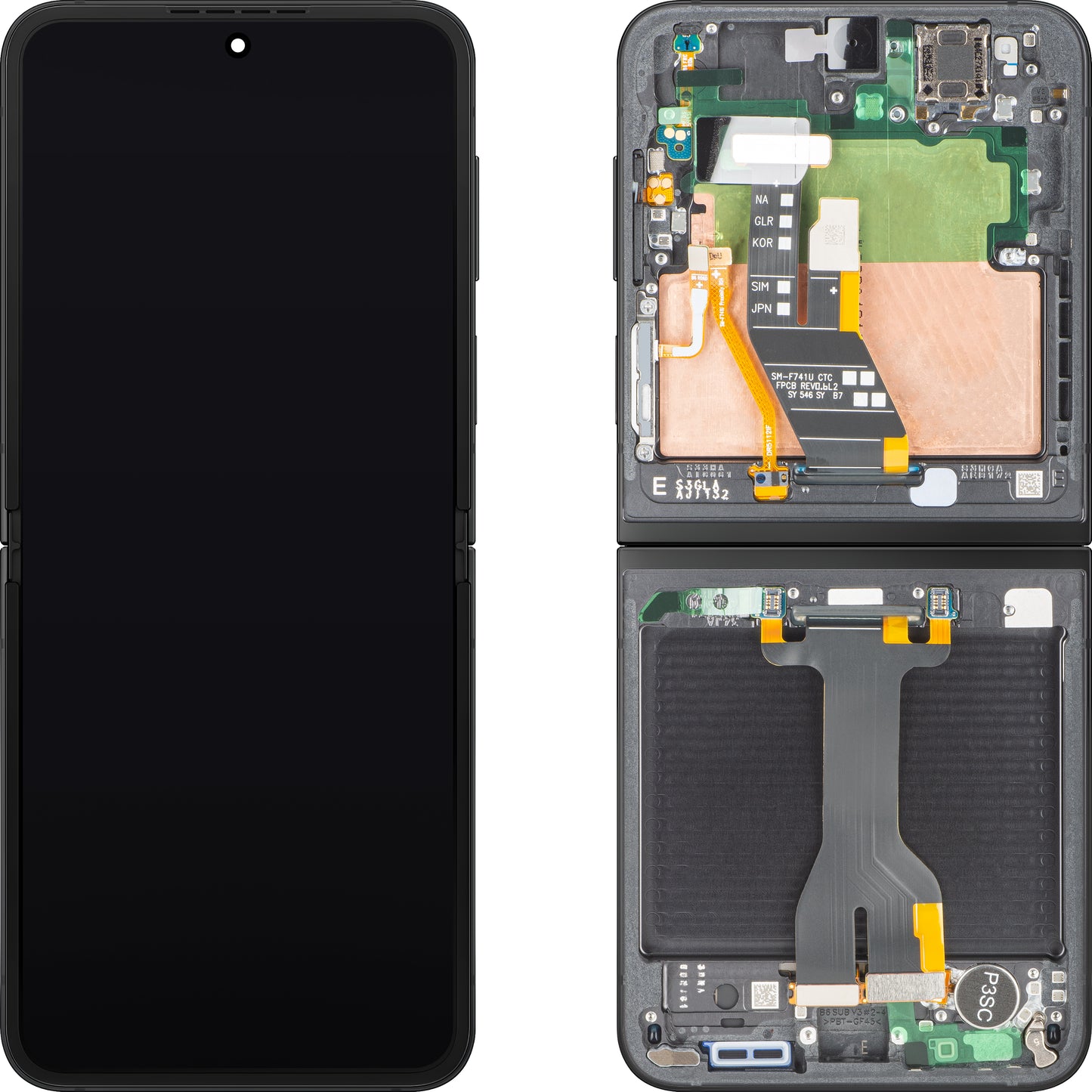 Samsung Galaxy Z Flip6 F741 Touchscreen-Display mit Rahmen, Unterer Innenteil, Schwarz (Crafted Black), Service Pack GH82-35014E