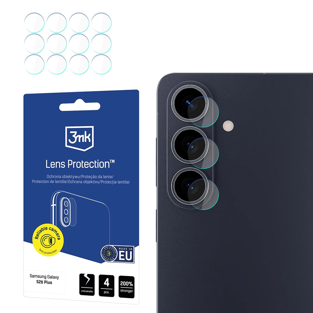 Film de protection pour caméra arrière 3MK Protection pour Samsung Galaxy S26 Plus S947, Verre Trempé, Lot de 4 pièces, Transparent