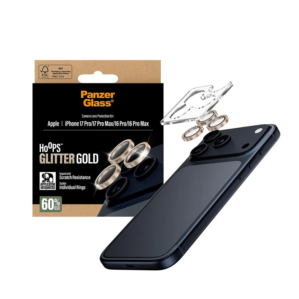 Film de protection pour caméra arrière PanzerGlass Hoops Glitter pour Apple iPhone 17 Pro Max / 17 Pro / 16 Pro Max / 16 Pro, Verre Trempé, Doré.