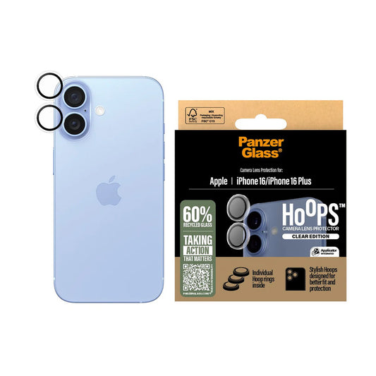 Schutzfolie PanzerGlass Hoops für die Rückkamera des Apple iPhone 16 Plus / 16, gehärtetes Glas, Transparent