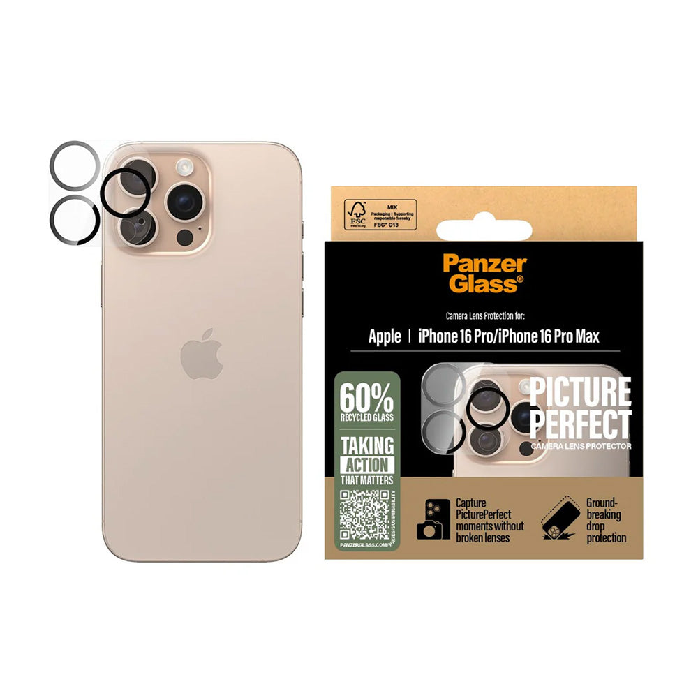 Film de protection Caméra Arrière PanzerGlass PicturePerfect pour Apple iPhone 16 Pro Max / 16 Pro, Verre Trempé, Transparent