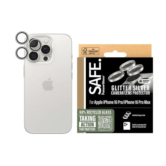 Film de protection pour caméra arrière PanzerGlass Safe. Paillettes pour Apple iPhone 16 Pro Max / 16 Pro, Verre Trempé, Argenté