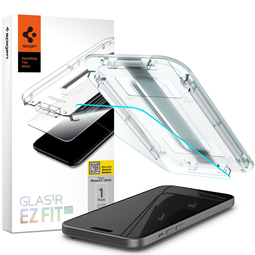 Schutzfolie Spigen GlastR EZ FIT HD für Apple iPhone 15, gehärtetes Glas, Vollkleber, 2.5D AGL06907