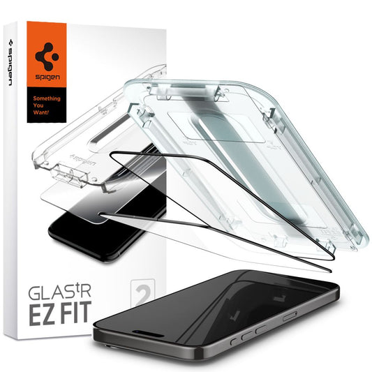 Spigen EZ FIT Film de protection d'écran pour Apple iPhone 15 Pro Max, verre blindé, collage intégral, 2 pièces, 2.5D, Noir AGL06873 AGL06873