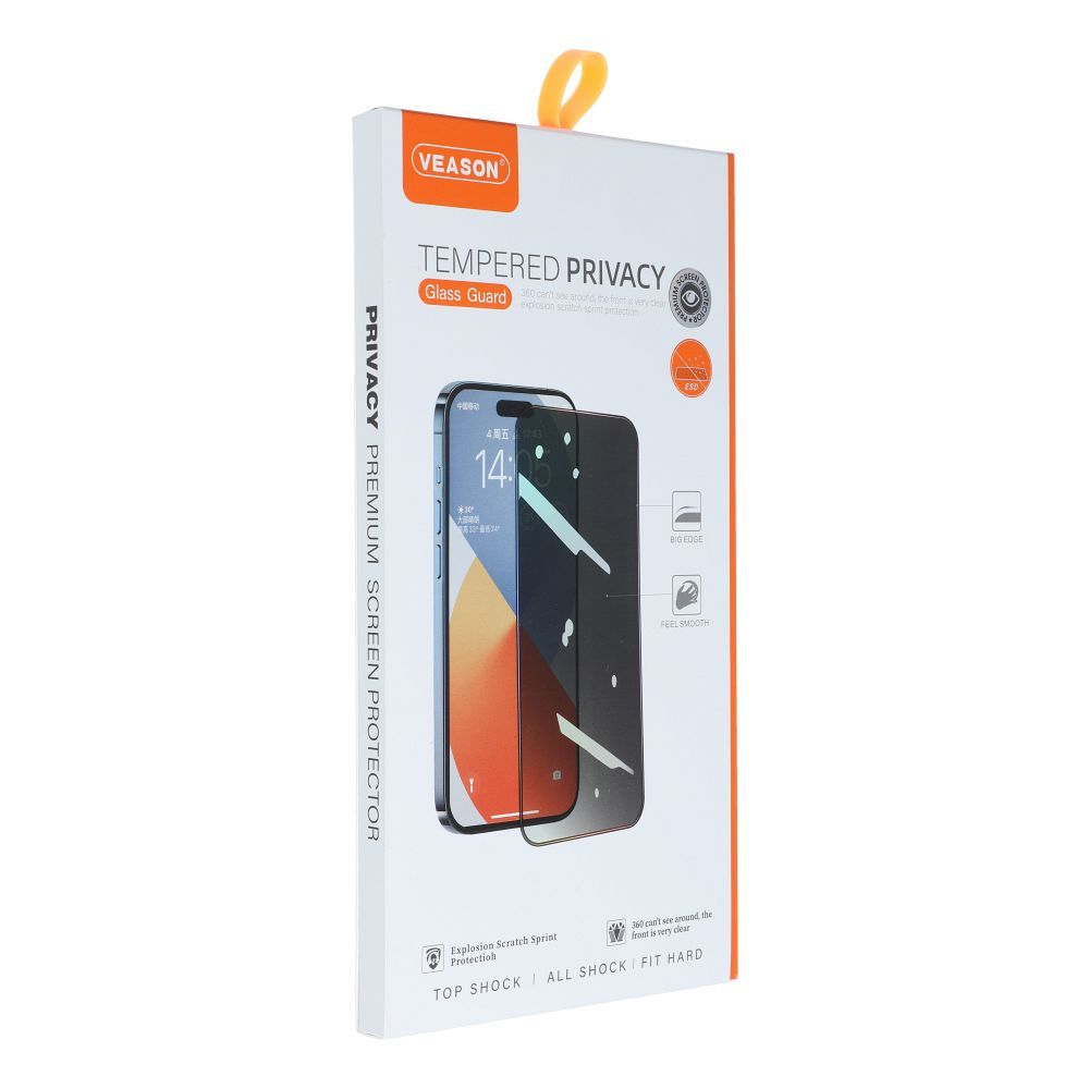 Privacy Veason Screen Protector per Apple iPhone 15, vetro protetto, colla completa, 6D