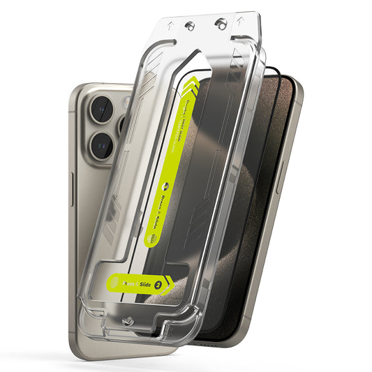 Schutzfolie Ringke Easy Slide für Apple iPhone 15 Pro Max, gehärtetes Glas, Vollkleber, Set mit 2 Stück, Schwarz