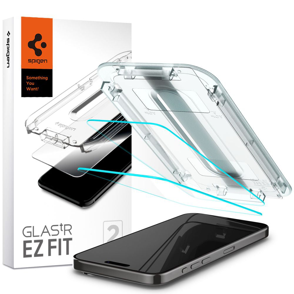 Film de protection d'écran Spigen GlastR EZ FIT pour Apple iPhone 15 Pro Max, Verre Trempé, Full Glue, Lot de 2 pièces AGL06872