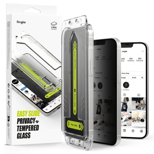 Displayschutzfolie Privacy Ringke Easy Slide für Apple iPhone 16e / 14 / 13 Pro / 13, gehärtetes Glas, Vollverklebung, Set mit 2 Stück