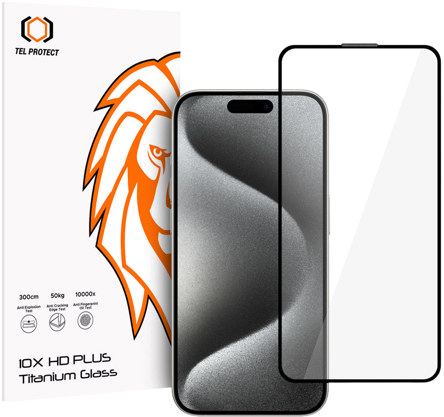 Protection d’écran Tel Protect 10X HD Plus Titanium pour Apple iPhone 17 / 16 Pro, verre trempé, adhésif intégral, noir