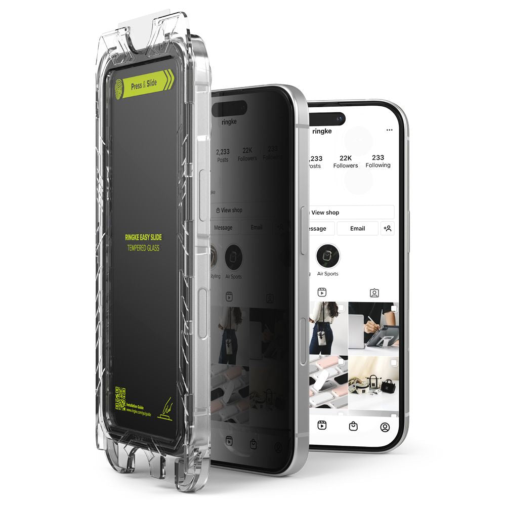 Pellicola Protettiva Schermo Privacy Ringke Easy Slide per Apple iPhone 16 / 15, Vetro Temperato, Full Glue, Set 2 pezzi