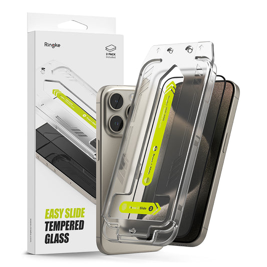 Schutzfolie Ringke Easy Slide für Apple iPhone 15 Pro Max, gehärtetes Glas, Vollkleber, Set mit 2 Stück, Schwarz