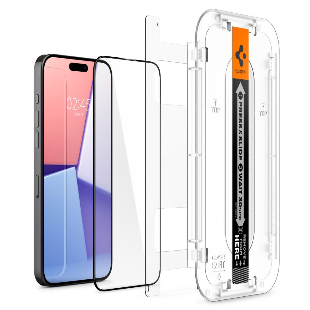 Spigen EZ FIT Screen Protector per Apple iPhone 15, vetro schermato, colla completa, 2,5D, compatibile con la custodia, nero AGL06908 AGL06908