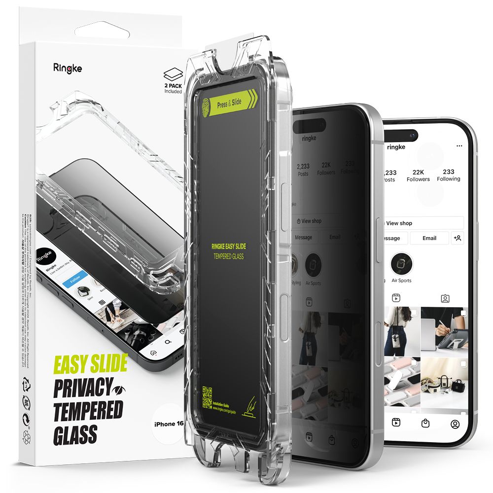 Pellicola Protettiva Schermo Privacy Ringke Easy Slide per Apple iPhone 16 / 15, Vetro Temperato, Full Glue, Set 2 pezzi