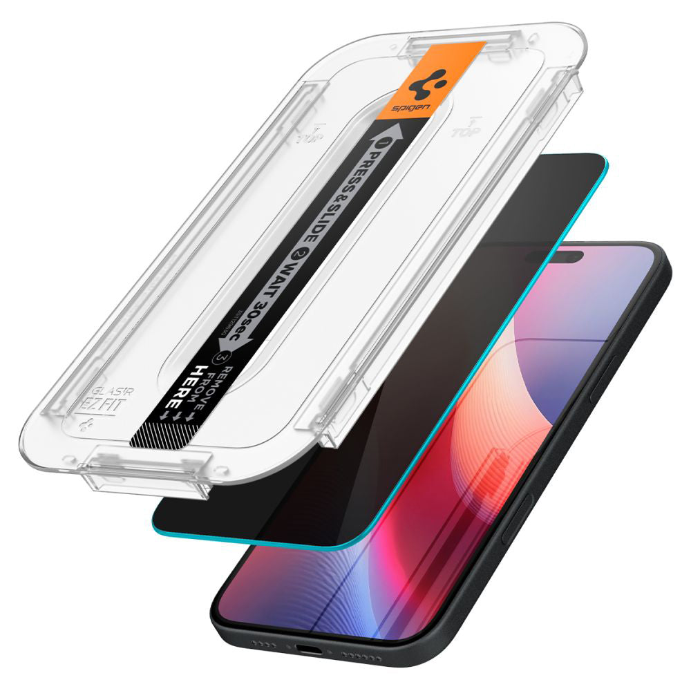Film de protection écran Privacy Spigen GlastR EZ FIT pour Apple iPhone 16 / 15, Verre Trempé, Full Glue, Lot de 2 pièces