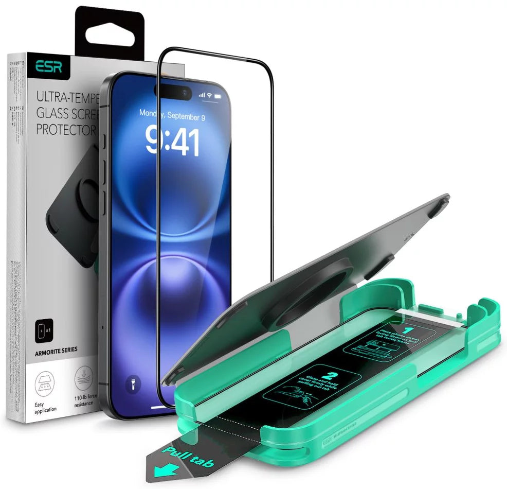 Pellicola protettiva schermo ESR Armorite per Apple iPhone 16 Pro Max, Vetro Temperato, Full Glue, Nera