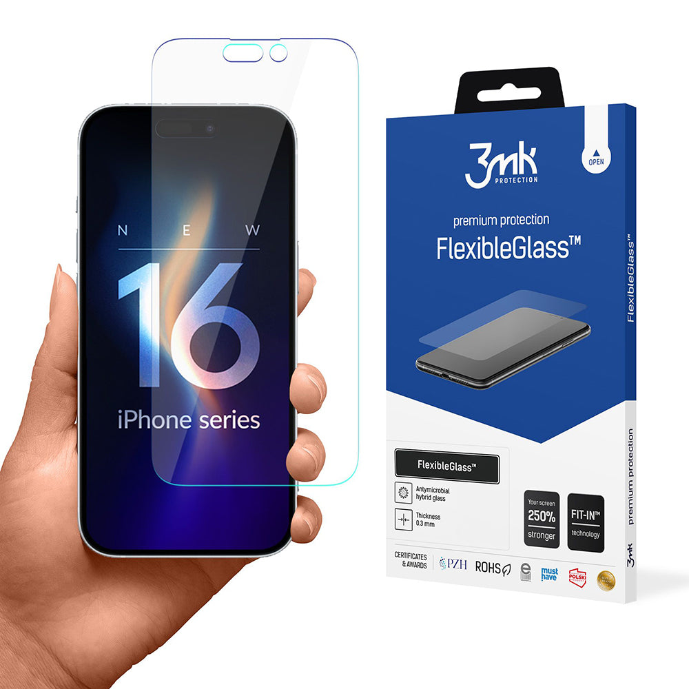 Film de protection d'écran 3MK FlexibleGlass pour Apple iPhone 16 Pro, Verre Flexible, Collage Complet