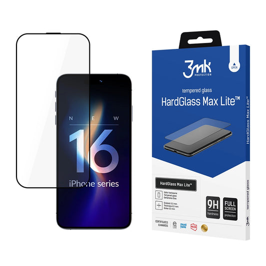 Film de protection d'écran 3MK HardGlass Max Lite pour Apple iPhone 17 / 16 Pro, Verre Trempé, Full Glue, Noir